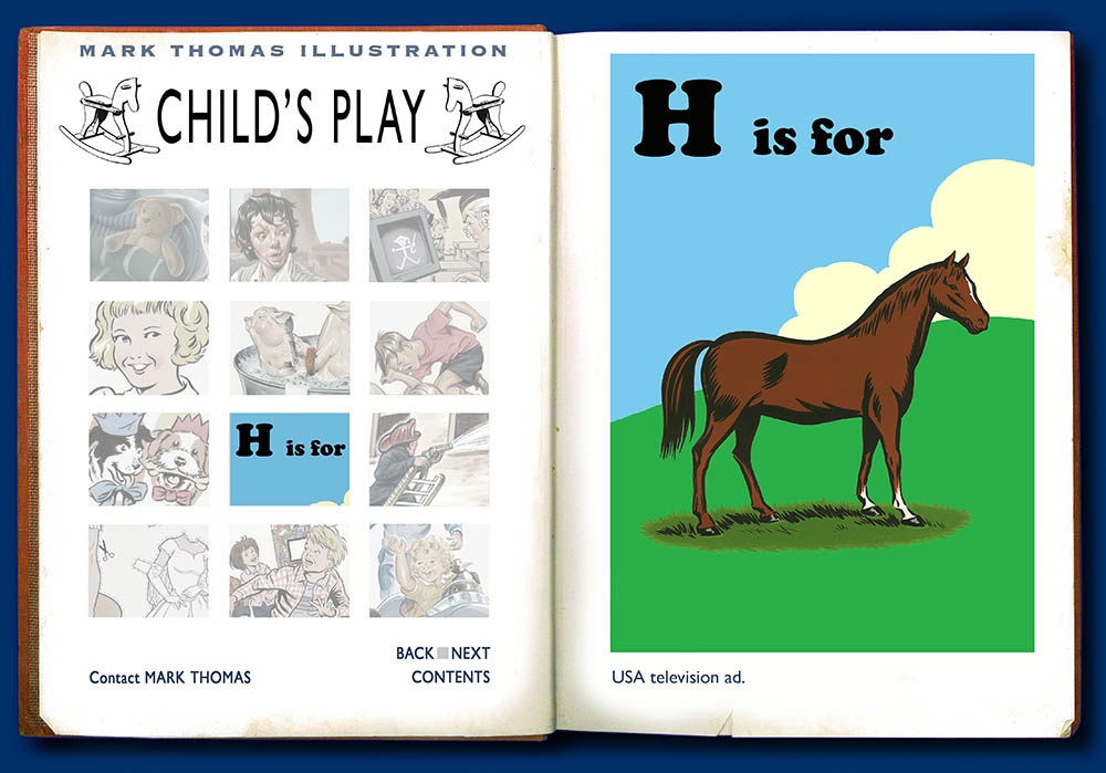 H is for Horse. Childrens style illustrations by Mark Thomas. Please note this is an all image site