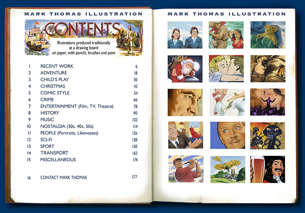 contents page of the archive website of the Illustrator Mark Thomas. Please note this is an all image site. Artwork photography and image processing by FXP Photography.