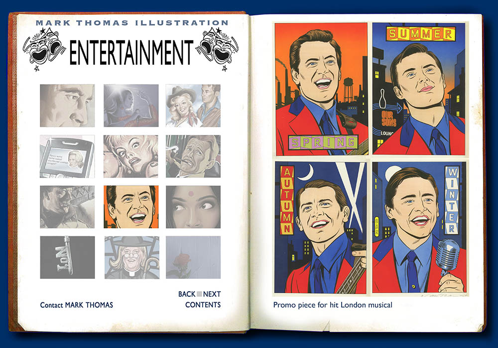 Jersey Boys, Frankie Valli, The Four Seasons. Entertainment Illustration by Mark Thomas. Please note this is a UK based all image site