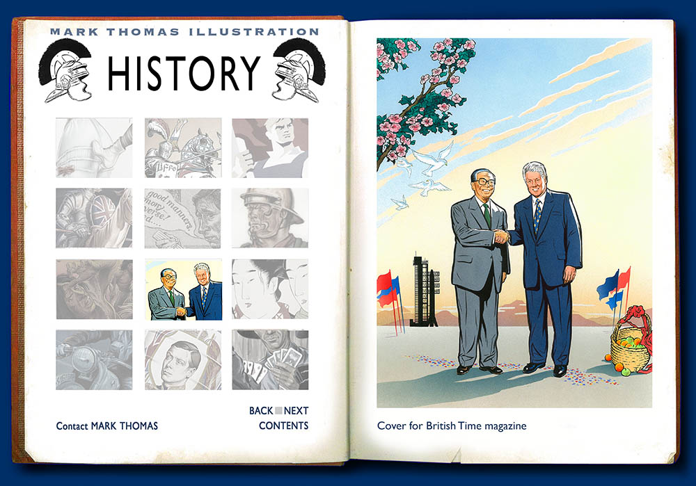 Bill Clinton, Clinton in China, Jiang Zemin, President Jiang. History Illustration by Mark Thomas. Please note this is a UK based all image site