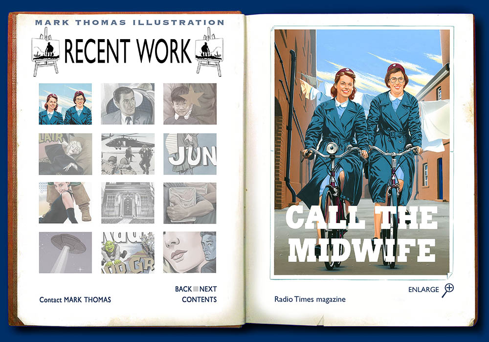 Call the Midwife, Jennifer Worth, Miranda hart, Jessica Raine, Judy Parfitt. Recent illustrations by Mark Thomas. Please note this is an all image site. Artwork photography and image processing by FXP Photography.