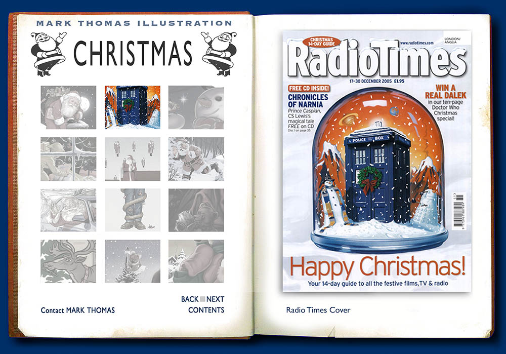 Radio Times Cover, Dr Who, Tardis, Darlek, Snowdome, Snow Dome. Christmas illustrations by Mark Thomas. Please note this is a UK based all image site