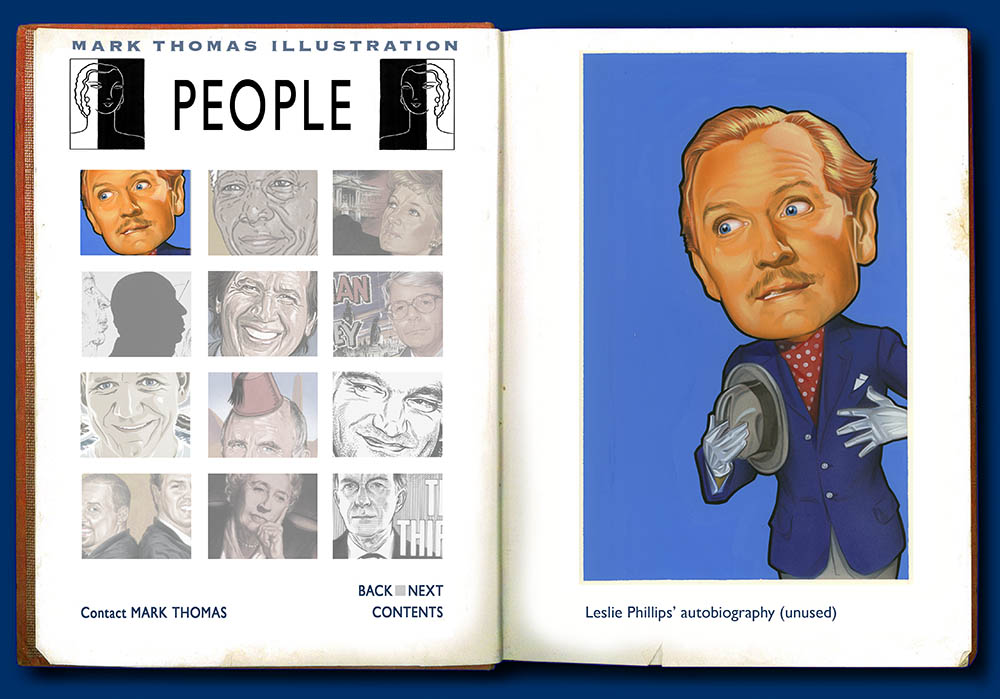 Leslie Phillips. Portrait Illustration by Mark Thomas. Please note this is a UK based all image site