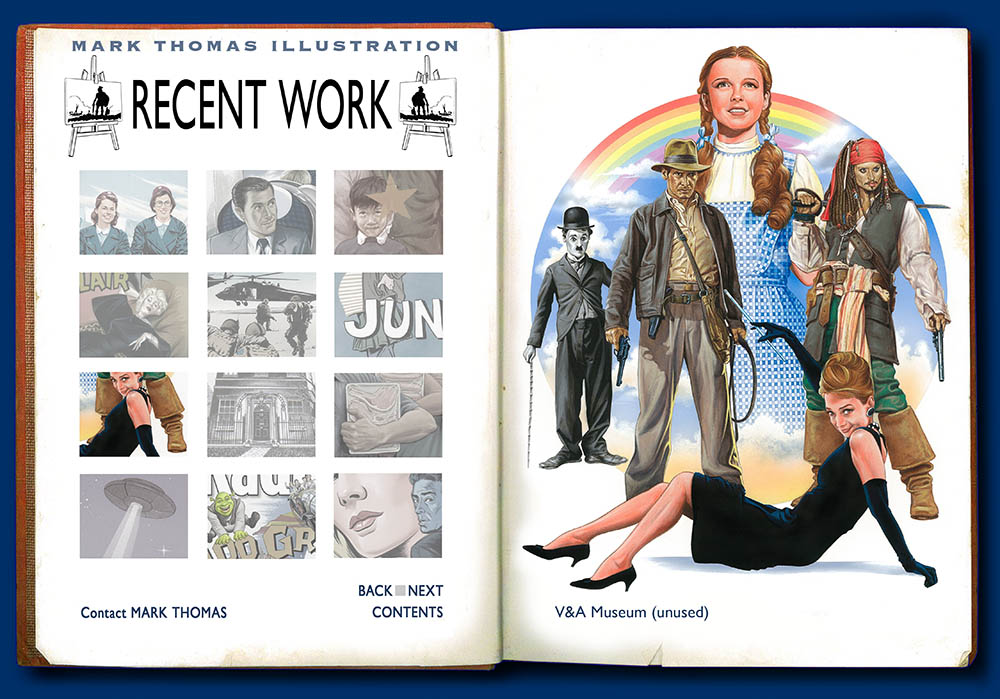  Charlie Chaplin, Johny Depp, Audrey Hepburn, Over the Rainbow. Recent Illustrations by Mark Thomas. Please note this is an all image site. Artwork photography and image processing by FXP Photography.